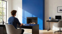 A Bold Blue Fireplace Is the Striking Focal Point of This Home Office