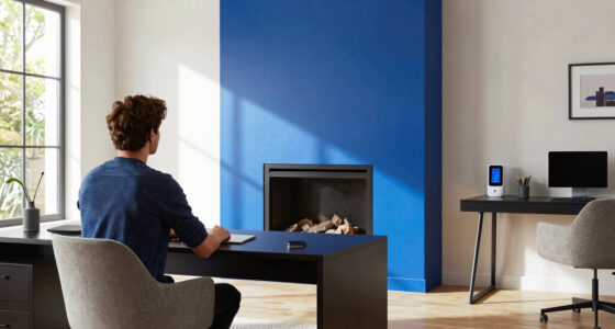 A Bold Blue Fireplace Is the Striking Focal Point of This Home Office
