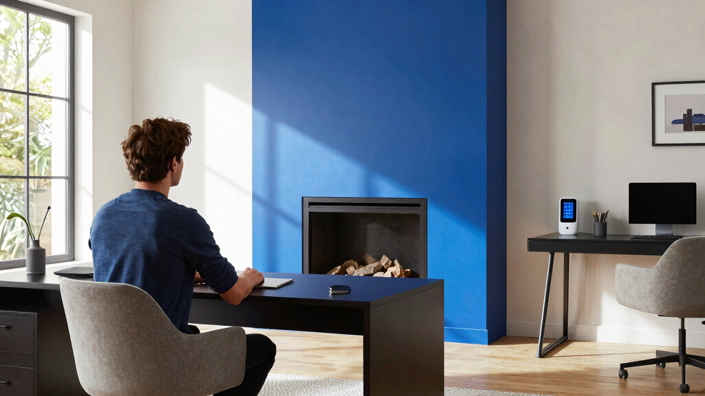 A Bold Blue Fireplace Is the Striking Focal Point of This Home Office